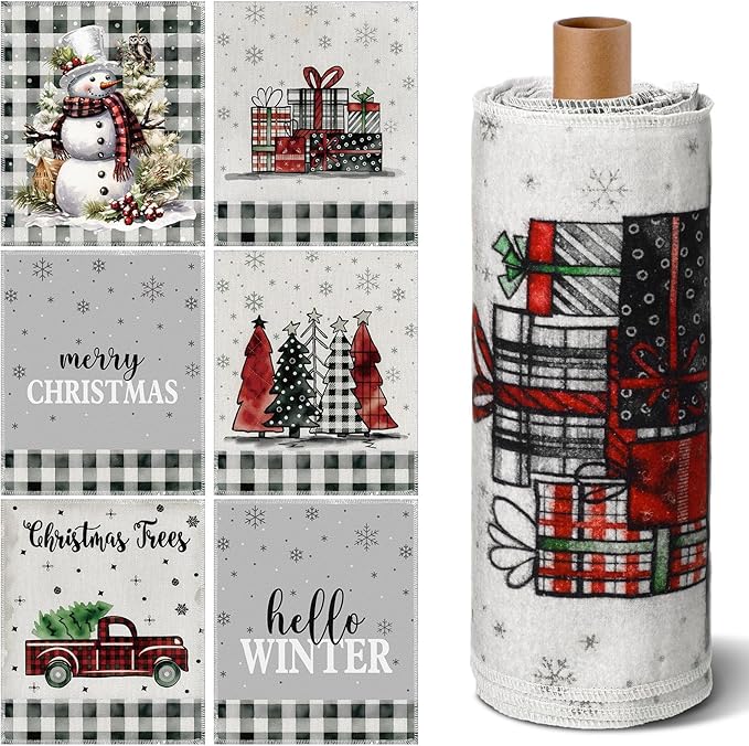 36 Pcs Christmas Reusable Paper Towels Rolls Washable Bulk Christmas Snowman Snowflake Black White Plaid Kitchen Towels Paperless Cloth Cotton Napkins with Cardboard for Kitchen Bathroom