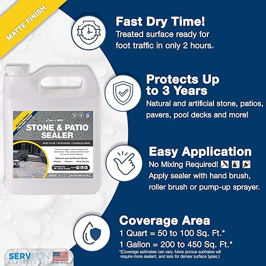 Serveon Sealants Natural Stone Sealer Plus Stain Guard (Matte Finish) Commercial Grade Outdoor Indoor Waterproof Grout Sealer Protects Pavers Pools Patios Landscape Stones (1 Gallon) H2900S