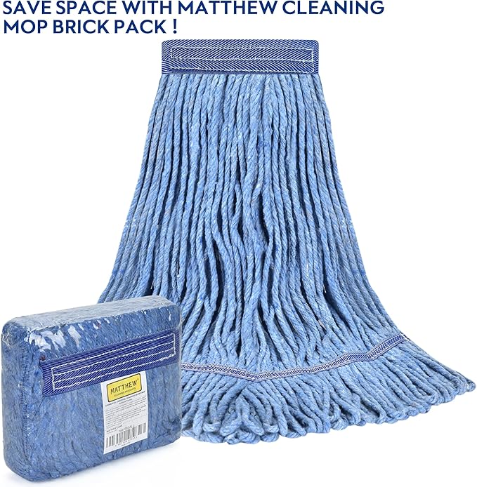 Matthew Cleaning Heavy Duty Mop Head Commercial Replacement for General and Floor Cleaning, Wet Industrial Blue Cotton Looped End String Head Refill (Pack of 12) Blue