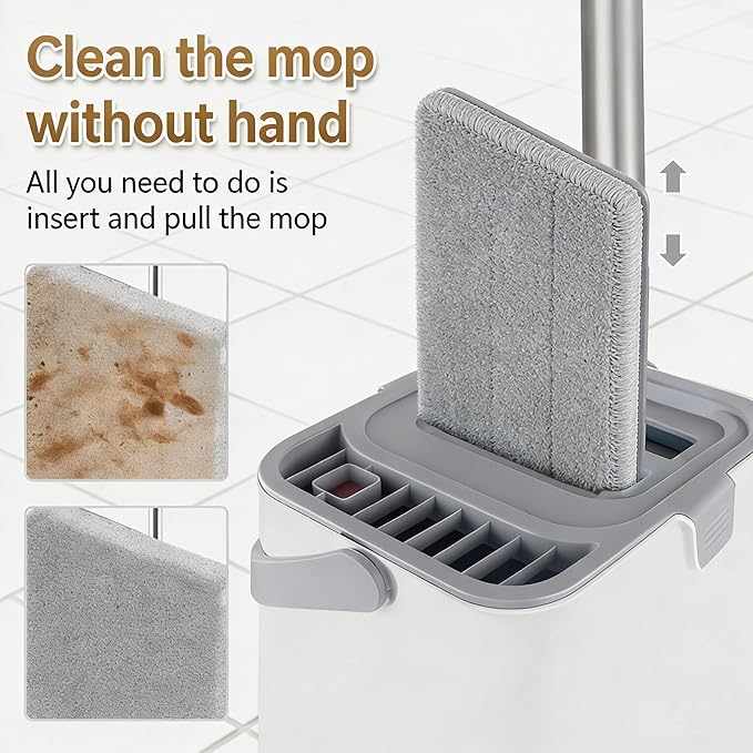 Meetue Mop and Bucket Set, Flat Mop and Bucket System with Wringer, Automatic Separates Dirty and Clean Water Include 6 Reusable Microfiber Mops for Floor Cleaning