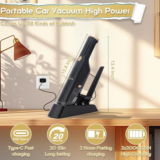 Handheld Vacuum Cordless, 15KPA High Power Suction, USB Quick Charge, Car Vacuum Cleaner with Storage Dock, Lightweight Rechargeable Dust Buster with Crevice Tool & Pet Brush Hand Vac for Home, Black