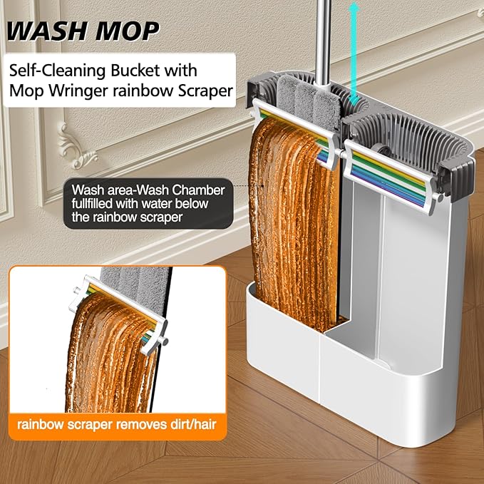 CTIME Flat Mop and Bucket Set with Wringer，Wet and Dry Use，Hands-Free Flat Mops for Floor Cleaning and Window Wall Cleaner with 4 Microfiber Pads.