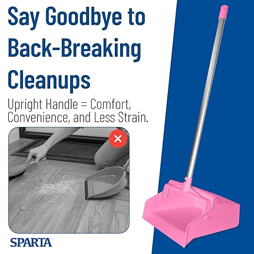 SPARTA Upright Dustpan with Aluminum Handle, Serrated Edge for Broom Combing, Secure Yoke Lock with Easy Storage Hanging Hole for Commercial Cleaning, Plastic, 30 Inches, Pink
