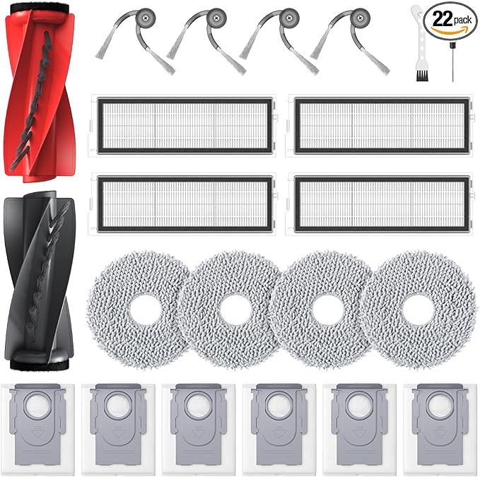 Qrevo S5V Replacement Parts for Roborock Qrevo S5V / Curv/Edge/Edge S5A / Curv S5X, Accessories include 1*Set Main Brush, 4*Mop Pads, 6*Vacuum Bags, 4*Hepa Filters, 4*Side Brush, 2*Cleaning Tool