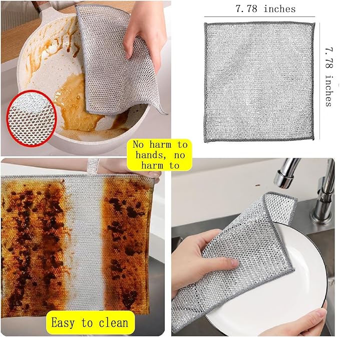 Double layer metal wire scratch free cloth, dry and wet dual-purpose metal wire dishwashing cloth, suitable for kitchen cleaning, cookware, tableware, sink, stove, etc., easy to rinse (10 pieces)