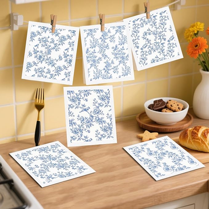 Blue Floral Swedish Dishcloths for Kitchen - 6PCS Blue Whihe Floral Swedish Cloths for Washing Dishes Reusable Flower Dish Towels Washable Cleaning Sponge for Home Party Fast Drying