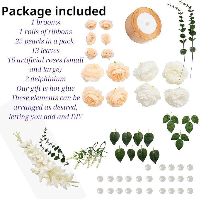 TTS For Home - Wedding Brooms Bride Bridegroom, Jumping The Broom for Wedding, Natural Whisk Broom with Ribbons, Artificial Pearl, Leaves,Roses for Decorative Wedding