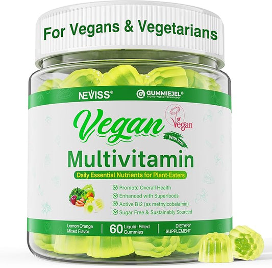 NEVISS Vegan Multivitamin for Women & Men w/Methyl B12, D3 K2, Plant Based Omega 3 (DHA+EPA), Iron, Choline, Zinc, Whole Food Daily Vitamins Gummies for Vegans & Vegetarians, Sugar Free, 60Cts