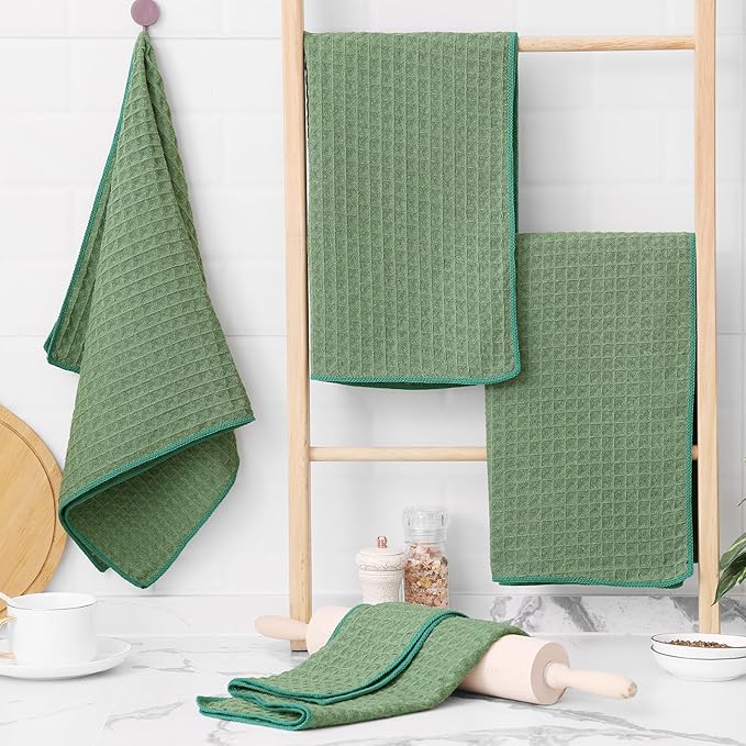 Homaxy Microfiber Waffle Weave Kitchen Towels, 16 x 28 Inch Ultra Absorbent and Solid Color Dish Towels, 6 Pack, Grass Green