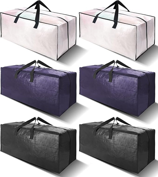 6 Pack Heavy Duty Extra Large Moving Bags W/Backpack Straps - Strong Handles & Zippers, Storage Totes For Space Saving, Fold Flat, Alternative to Box and Bin (40 gal, Semi-Transparent+Blue+Black)