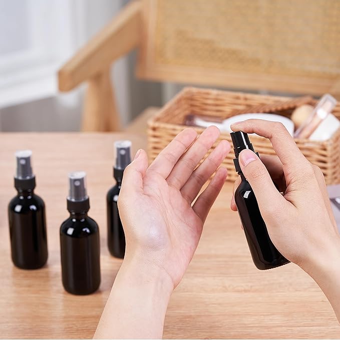 2 oz Glass Spray Bottles, Reusable Fine Mist Sprayer Small Spray Bottle, Leak-Proof Design, Perfect for Travel, Skin Care, Perfumes, Botanical, Cleansing (Black, 2oz-48pcs)