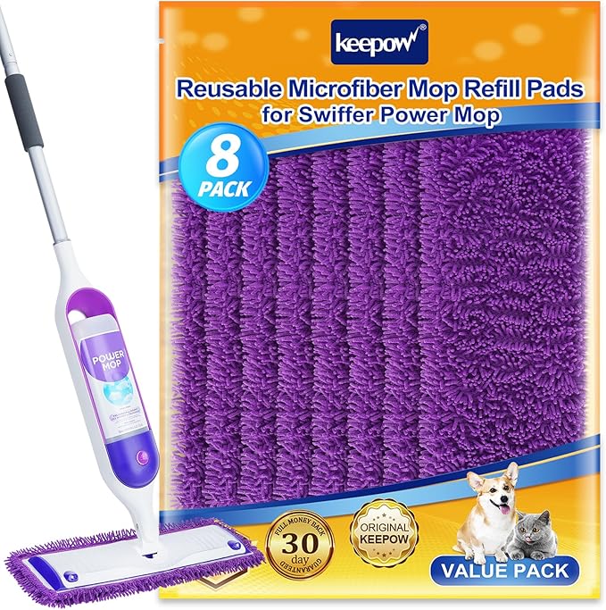 KEEPOW 8 Pack Reusable Mop Pads Compatible with Swiffer Power Mop Replacement Mop Refill Pads for Power Mop Wood Floor Cleaning Microfiber Mop Pads for Hardwood Floors