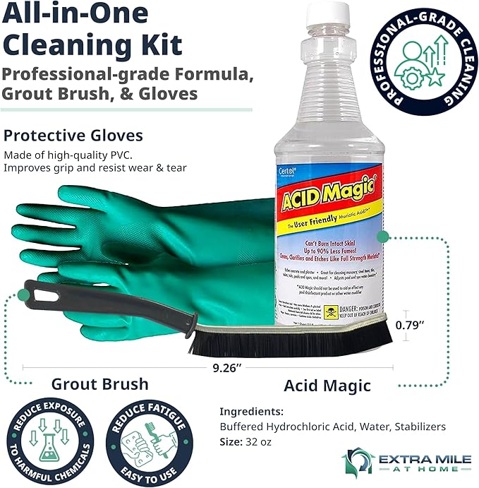 Extra Mile at Home Acid Magic 32 oz Grout Cleaner Bundle with Heavy-Duty Gloves & Grout Brush - 3 Items - Shower Tile Cleaner Removes Limescale, Calcium & Buildup on Swimming Pools and Floors