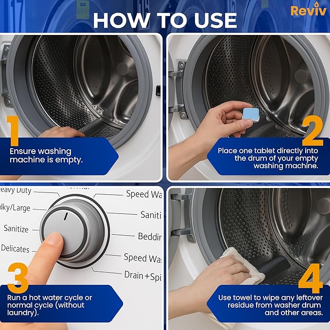 REVIV Washing Machine Cleaner Tablets – 24 Count, 12-Month Supply – Deep Cleaning & Odor-Removing Tablets for Front Load, Top Load & HE Washers – Biodegradable, Septic-Safe, Non-Toxic Descaler