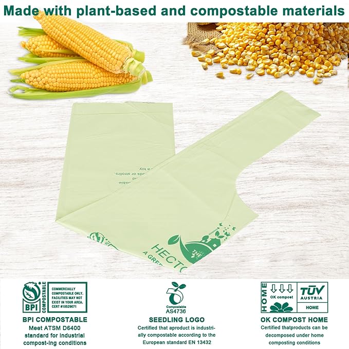 HECTOLIFE 1.6 Gallon 100 Count,Compostable Bags Handle Tie,Tear Resistant Kitchen Food Scrap Waste Bag, ASTM D6400, US BPI and Europe OK Compost Home Certified