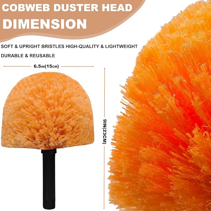 4 Pack OrangeTwist-On Cobweb Duster Head Brush // Spider Web Brush for Outdoor & Indoor Web Cleaning // Fits Standard Acme Threaded Poles // Brush Head Only
