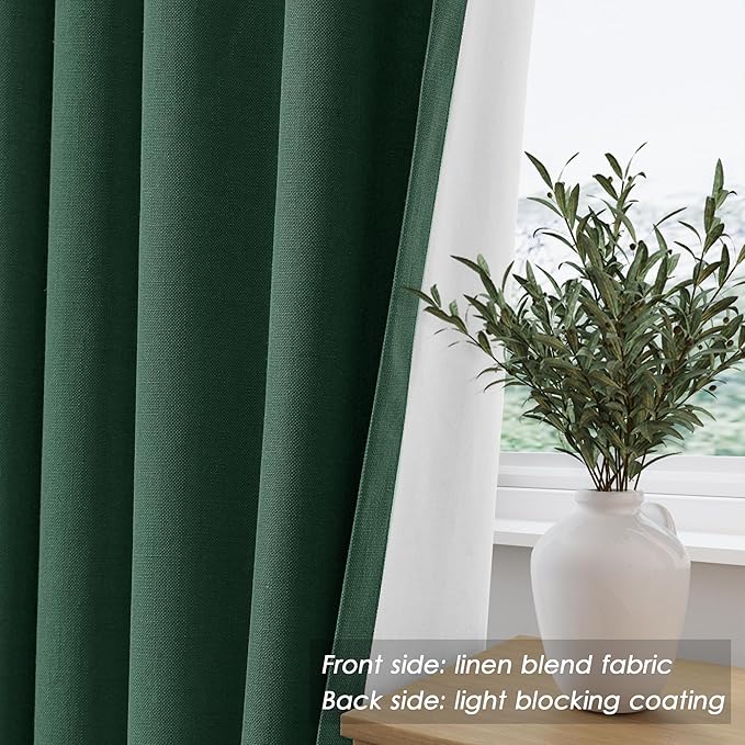 Nanspring Full Blackout Linen Green Curtains 90 Inches Long for Living Room Patio Sliding Door Back Tab 100% Black Out Bedroom Curtains Boho Elegant Modern Window Curtain Panels Set of 2 52x90 Inch