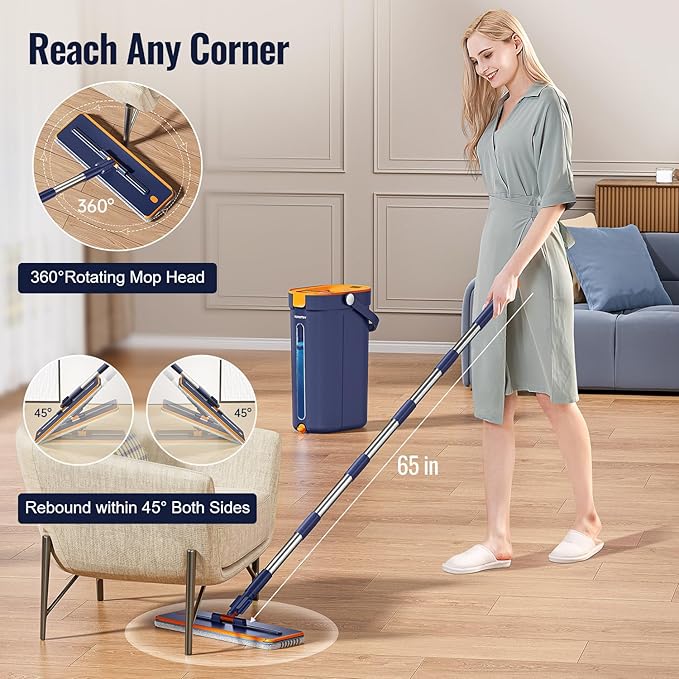 HoMettler Mop and Bucket Set with Wringer, 3-Tank Flat Mop and Bucket System, Wall Mop Cleaner with Long Handle, Hands Free Mops for Floor Cleaning with 6 Microfiber Pads