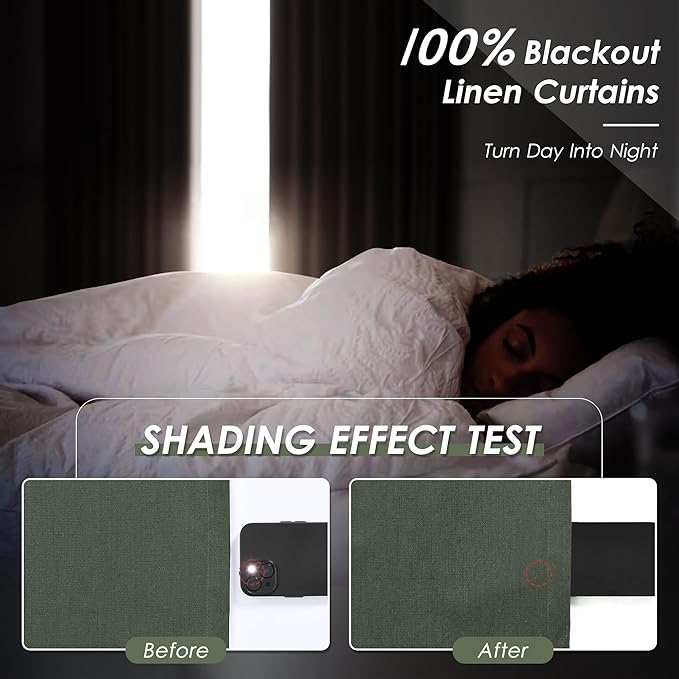 Olive Green Linen Blackout Curtains 120 Inch Length 2 Panels Set Extra Long 10 Ft Back Tab Pocket Drapes Thermal Insulated Total Blocking Curtains for Dining Room Cottage High Window Curtain 52x120