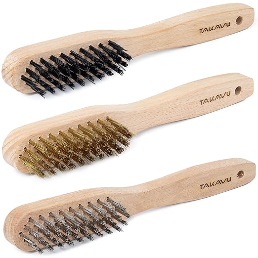 TAKAVU 3pc Small Wire Brush Set (Wood Handle) - Stainless Steel, Brass & Nylon Bristles for Cleaning Rust, Paint, Dirt & Heavy Duty Scrubbing