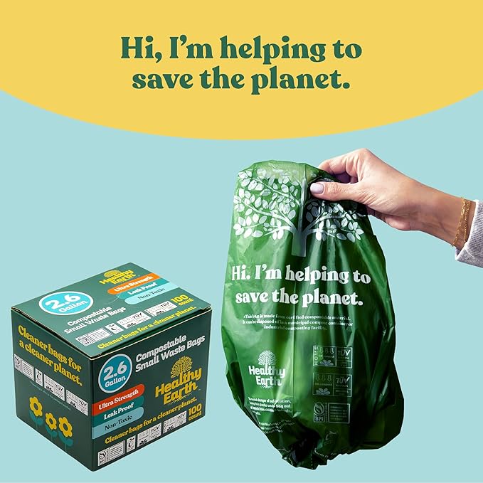 Healthy Earth 2.6 Gallon Compostable Trash Bags – 100 Count Small Trash & Kitchen Compost Bags for Countertop Bins, Extra Thick Plant-Based Food Scrap Liners, BPI & TÜV Certified ASTM D6400