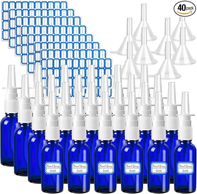 40 Pcs Nasal Spray Bottles, 30ML/1oz Blue Glass Refillable Fine Mist Empty Nasal Spray Bottle with 8 Pcs Funnels and 8 Pcs Labels…