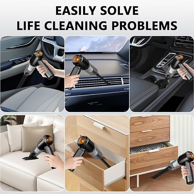 HRYCF Car Vacuum Cleaner,Handheld Vacuum,20000PA High Power 4-in-1 Portable Rechargeable Vacuum Cleaner with Brushless Motor, Small Vacuum for Car & Air Blower & Pump-Black
