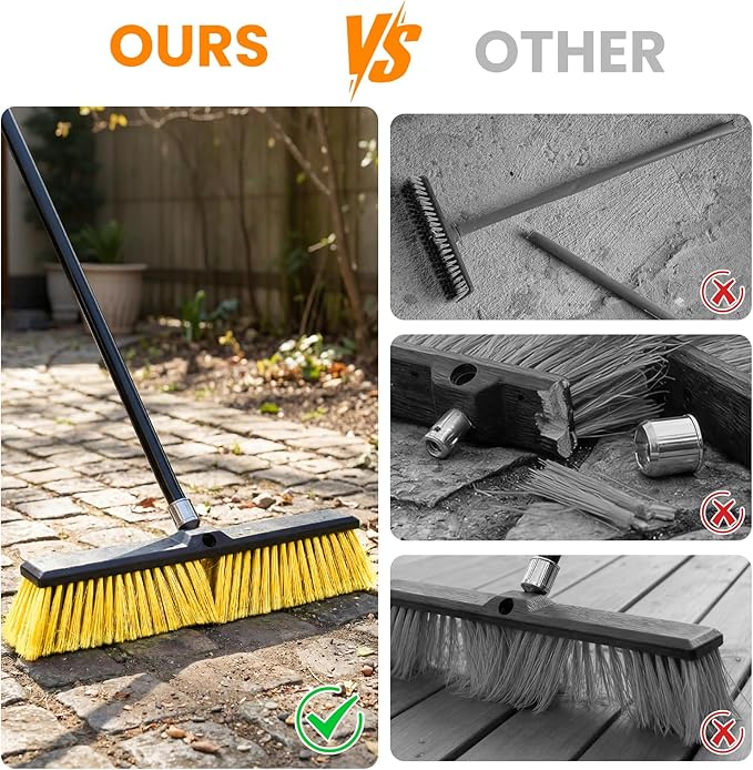 TOMAIX 18 Inches Push Broom Outdoor，Commercial Broom Brush，Stiff Bristle Brush with 61.8 inches Long Handle for Patio Garage Deck Street Shop Warehouse Lawn Driveway -2 Pack