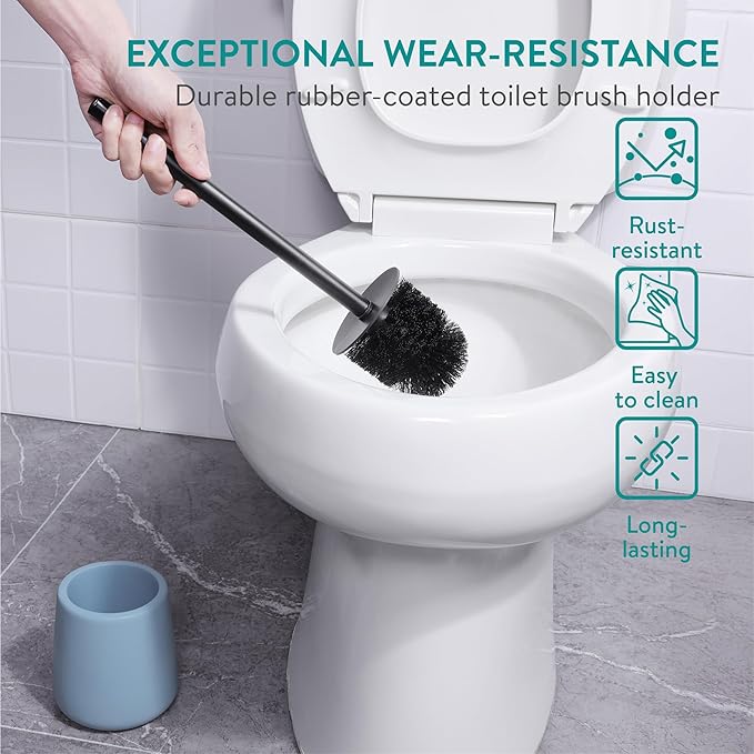 Navaris Toilet Brush and Holder Set, Blue - Toilet Brushes & Holders - Soft Touch & Rubber Coated Loo Brush with Stainless Steel Handle - Adjustable Silicone Water Stopper