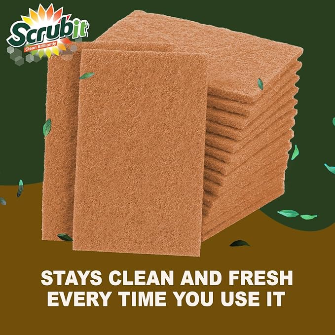 SCRUBIT Biodegradable Natural Scouring Pad Eco Friendly Scrub Pads for Kitchen Cleaning, Dishes, and Pots - Non-Scratch Compostable Coconut Walnut Scrubbers - 100% Natural Sisal Fibers (100)