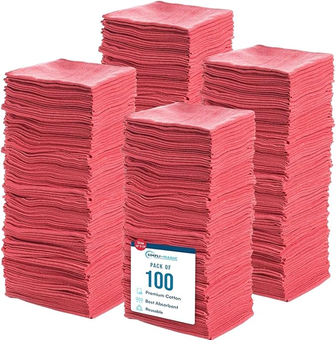 SIMPLI-MAGIC Cotton Shop Towels 14"x12" (100 Pack) – Reusable Cleaning Shop Rags for Automobiles, Industries, Garage and Homes (Red)