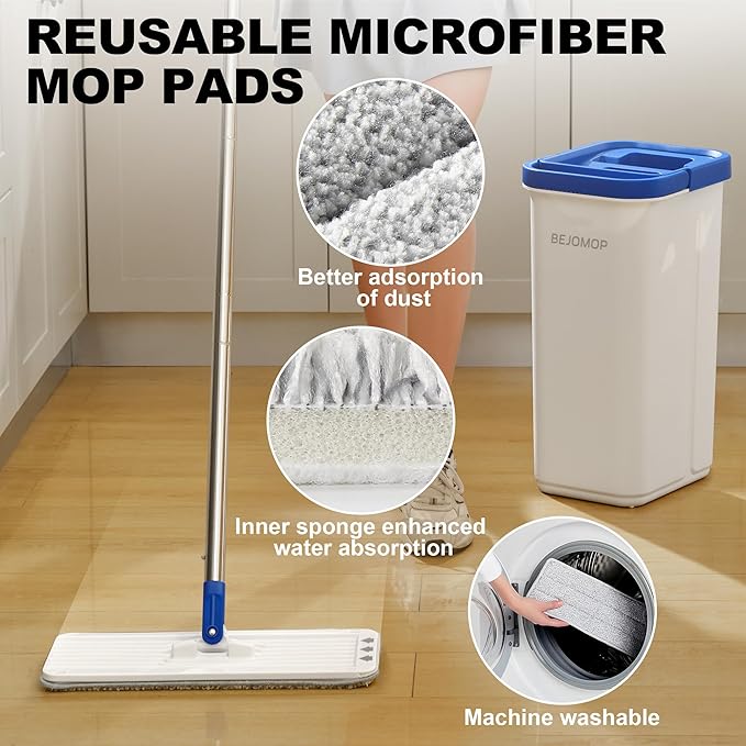 BEJOMOP Mop and Bucket Set with Wringer, Squeeze Wall Mop Cleaner with Long Handle, Flat Mop and Bucket System, Dry & Wet Dust Mops for Household Floor Cleaning with 3 Microfiber Mops, Slate Blue
