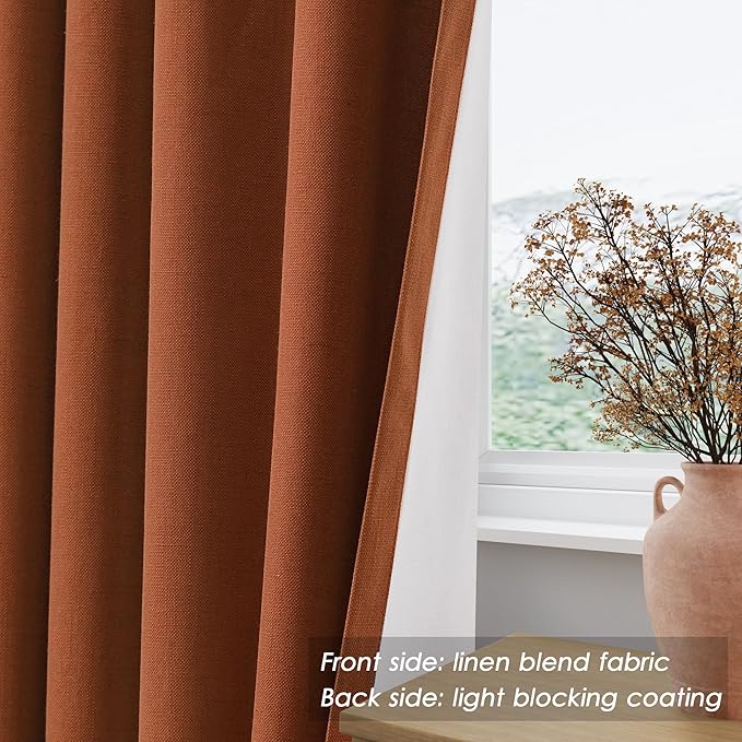 100% Blackout Linen Curtains 84 Inch Length 2 Panels Terracotta Light Blocking Darkening Living Room Curtains 84 Inches Long Elegant Modern Back Tab Pocket Noise Reducing Drapes for Nursery 52X84