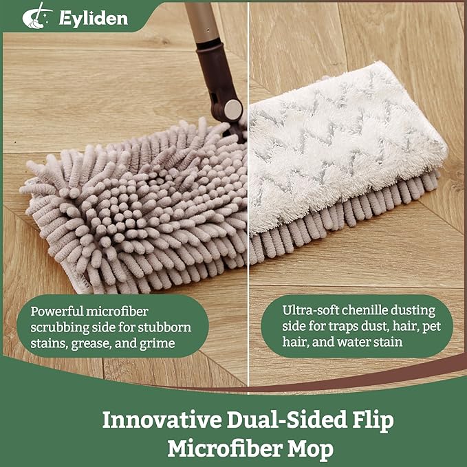 Eyliden Flip Dust Mop, Dual-Sided - One Side for Scrubbing, One Side for Dusting - Wet Dry Microfiber Mops for Hardwood Tile Laminate Ceramic Marble Floor Cleaning, 2pcs Reusable Pads