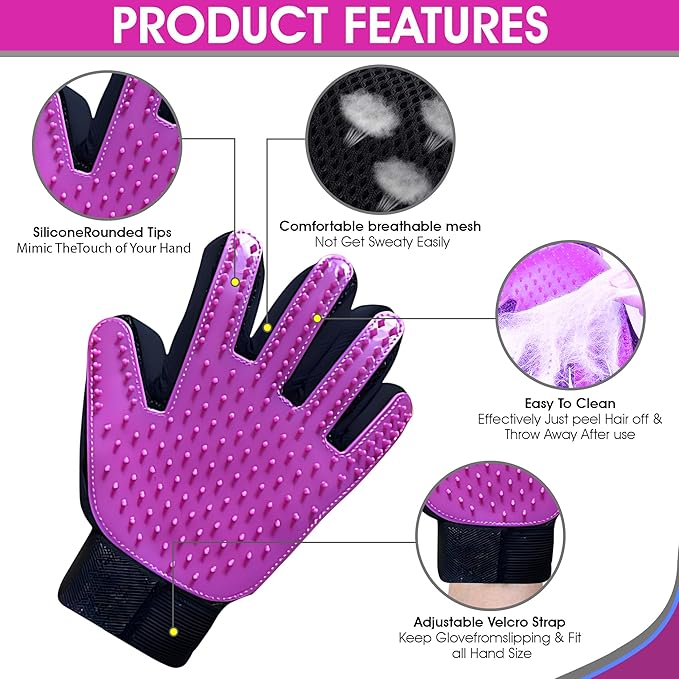 ZENELANEP Upgrade Pet Grooming Gloves, Grooming Gloves for Dogs, Cats, Rabbits & Horses with Long and Short Hair, Efficient Pets Hair Remover Mittens - 1 Pair (Purple)