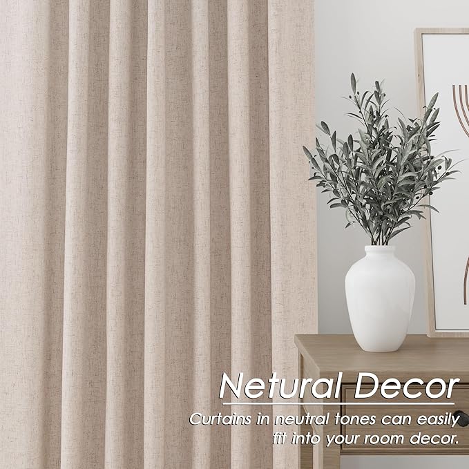 100% Blackout Linen Curtains 90 inch Length 2 Panels for Living Room Loop Pocket Pinch Pleated Black Out Drapes Oatmeal Heat Reducing Total Blackout Window Curtains for Bedroom 90 inches Long