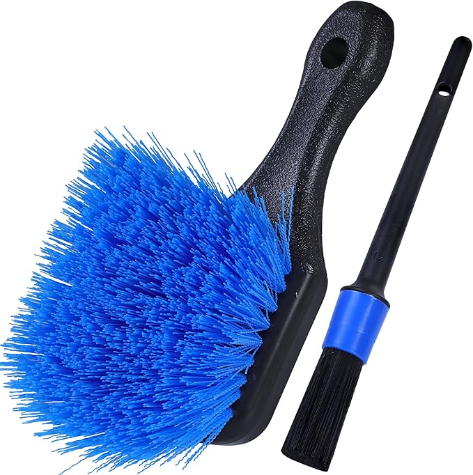 TAKAVU Short Handle Wheel Tire Brush & Included Detail Brush - Car Cleaning Kit for Rims, Tires, Interior Vents, Emblems - Scratch-Safe (Blue - Stiff Bristle)