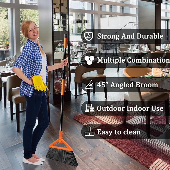 SZJYHQY Outdoor Indoor Broom, Brooms for Sweeeping Indoor, Heavy-Duty Kitchen Broom with Long Pole, Angle Broom Orange for Garages Restaurant Courtyard Office Slidewalk Lobby Sweep Dust