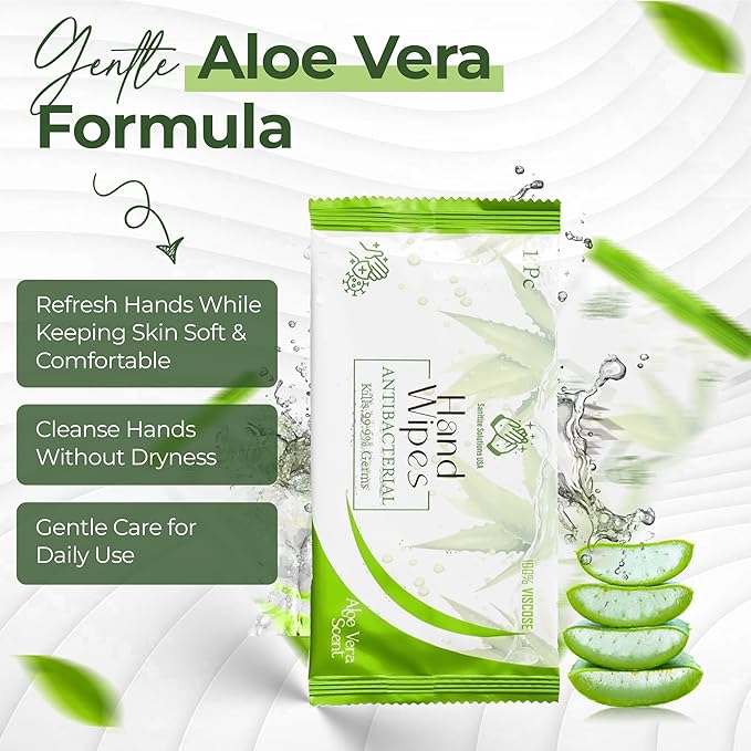 50 Premium Individually Wrapped Hand Wipes – Travel Size Hand Wipes with Aloe Vera & Glycerin, Soft Viscose Wipes, Portable Hand Cleaning Wipes for Home, Travel & Office