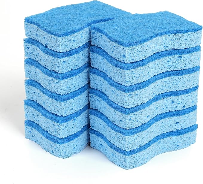 ELIVARA Kitchen Sponges – 12 Pack – Non-Scratch Dual-Sided Cellulose Scrub Sponges for Dishes, Pots, and Pans – Durable, Absorbent, and Reusable (Dark Blue/Light Blue)