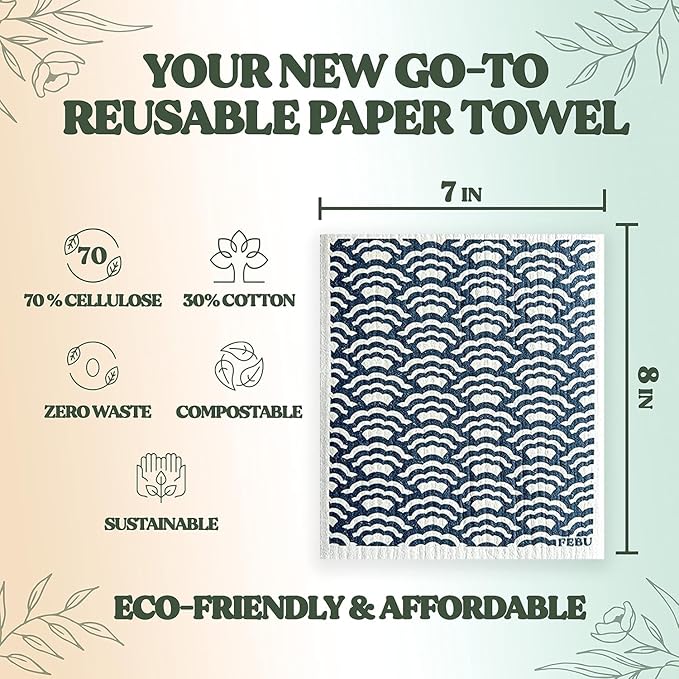 FEBU Swedish Dishcloths for Kitchen | 5 Pack Eastern Reusable Paper Towels Washable | Swedish Dish Towels | Non-Scratch Cellulose Sponge Cloths | No Odor, Biodegradable Cleaning Cloths