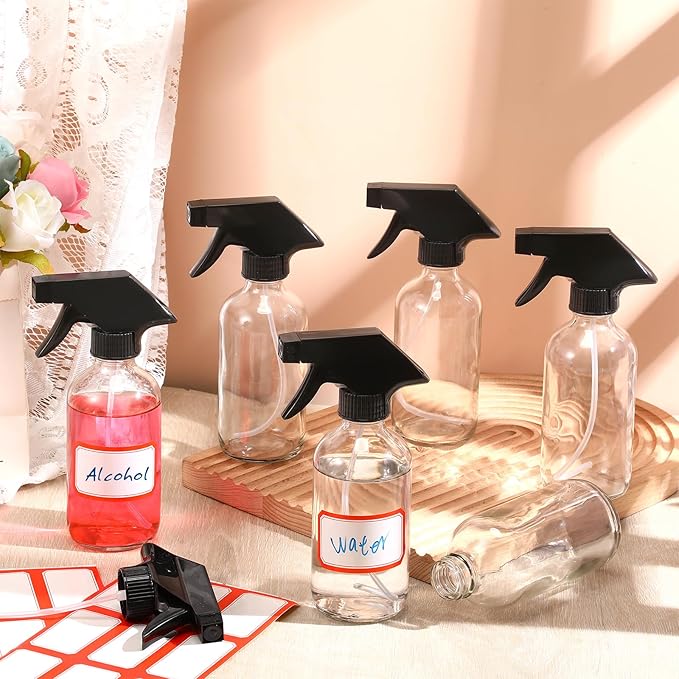 Norme 24 Pcs Glass Spray Bottles with Funnels and Labels 8 oz Refillable Cosmetic Empty Spray Containers with Trigger Squirt Containers for Essential Oil Cleaning Solutions(Clear)