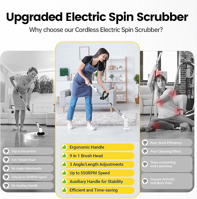 StarVal Electric Spin Scrubber, Cordless Cleaning Brush Shower Scrubber Up to 550 RPM with 9 Replaceable Brush Heads, Bathroom Scrubber Adjustable Extension Handle for Cleaning Bathroom Kitchen(Grey)