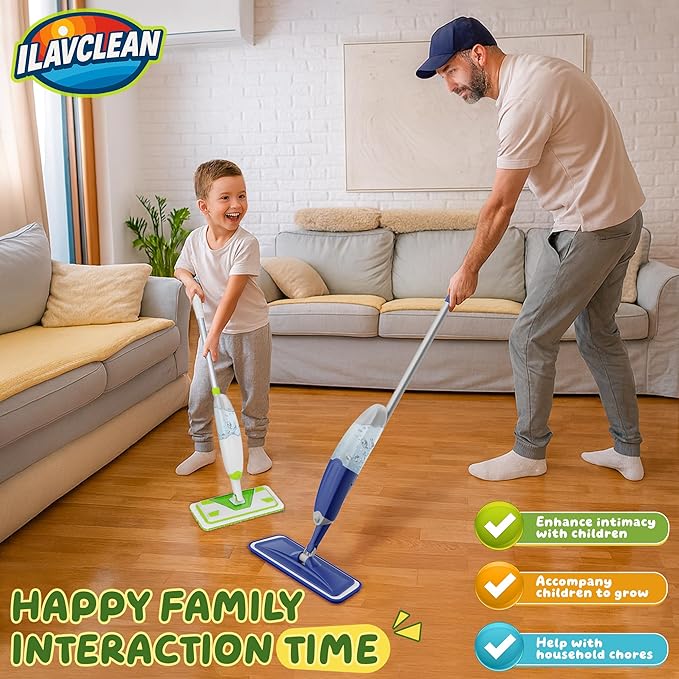 ILAVCLEAN 2-Set Toy Mop for Kids - Toddler Real Spray Flat Floor Mop Montessori Cleaning Toy Set, Educational and Fun Gifts for Boys and Girls Ages 4+