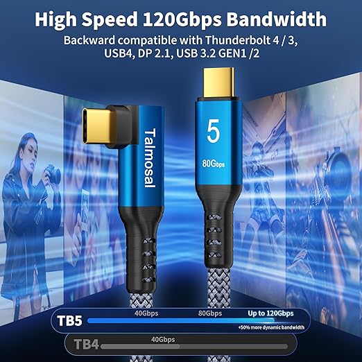 240W for Thunderbolt 5 Cable Right Angle 1 ft, 120Gbps Bandwidth, 80Gbps, Dual 8K, 4K 540Hz, Triple 4K 144Hz for iPhone 17, Thunderbolt 4, USB4, SSD, MacBook M4 Pro, Dock, eGPU, Mac mini M4 / M4 Pro