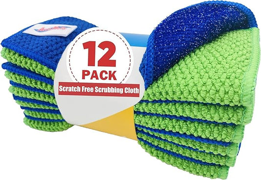 12 Pack Microfiber Scrub Dish Cleaning Cloth, Non-Scratch, 6 x 6 Inch, Multi-use for Pan Pot Dish Cooktop Stovetop Counter Kitchen Household, No Odor, Machine Washable, Blue & Green Assorted