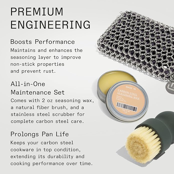 Made In Cookware - 3-Piece Carbon Steel Cleaning Set - Includes Chain Mail Scrubber, Cleaning Brush and Carbon Steel Seasoning Wax