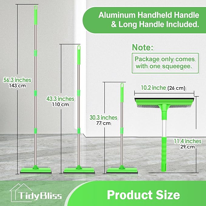 TidyBliss Window Squeegee Professional, 56” Car Windshield Glass Cleaner Tool with Extension Pole, Long Handle Household 10 inches Washer Sponge Scrubber Kit for Cleaning Home Mirror Outdoor (Green)
