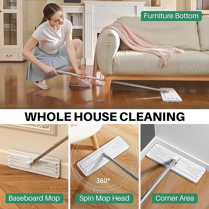 JOYMOOP Flat Mops, Microfiber Mop for Floor Cleaning and Wall Cleaner, 50" Mop Handle with Flexible 13" Flat Head with a Microfiber Mop Pad - White