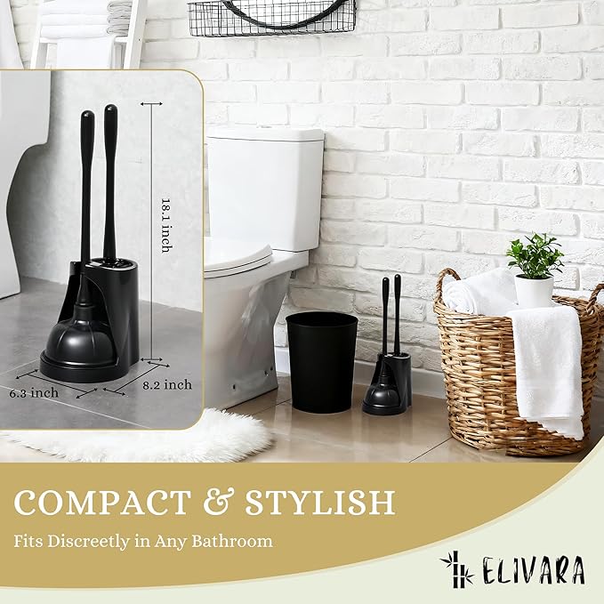 ELIVARA Toilet Plunger and Bowl Brush Combo with Dual-Compartment Holder – Heavy Duty Suction, Ergonomic Handles, Anti-Splash, Sleek Compact Design (Black)